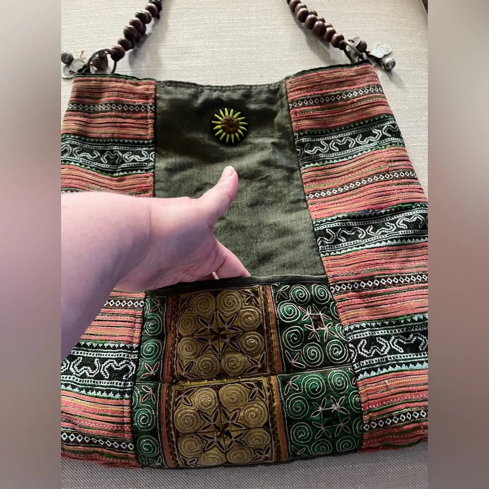 GORGEOUS tribal tapestry boho handmade fabric purse bag metal wood beads hippie